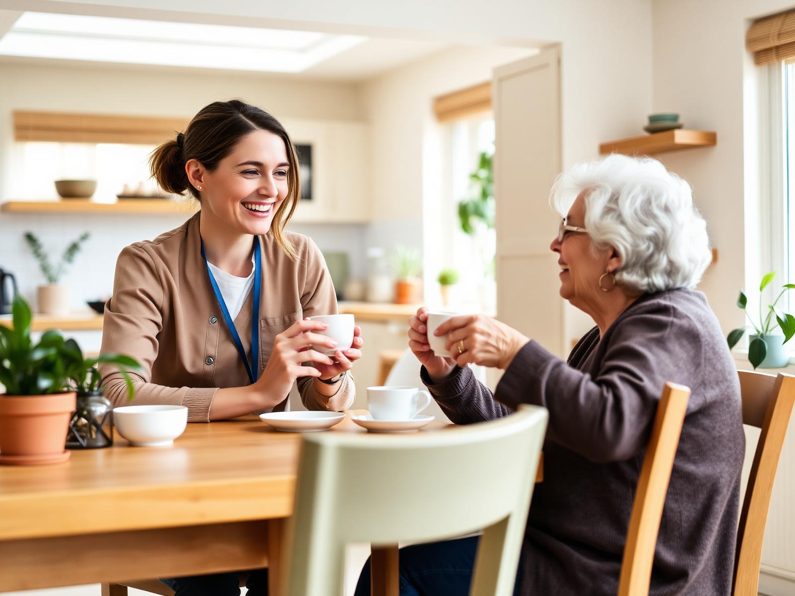 A friendly Pileta support worker sharing tea with an older woman in a bright, welcoming kitchen
